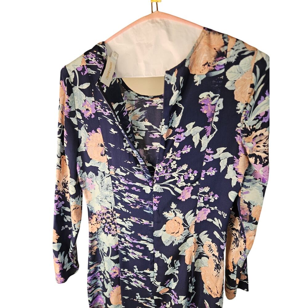 Zimmermann Navy Silk Shift Dress Sheer Overlay Floral Zip Back Sz 2 - Picture 9 of 11